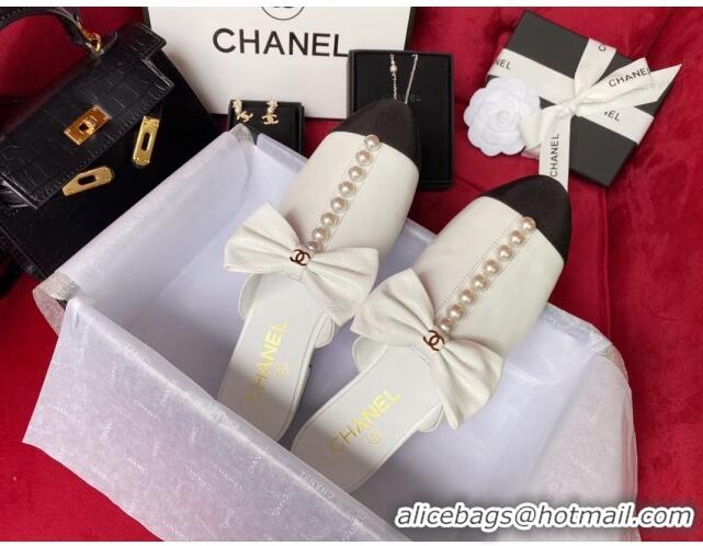 Lower Price Chanel Wax Calfskin Flat Mules with Pearl and Bow White 331100