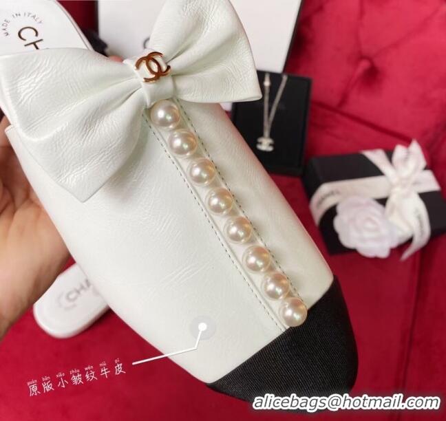 Lower Price Chanel Wax Calfskin Flat Mules with Pearl and Bow White 331100