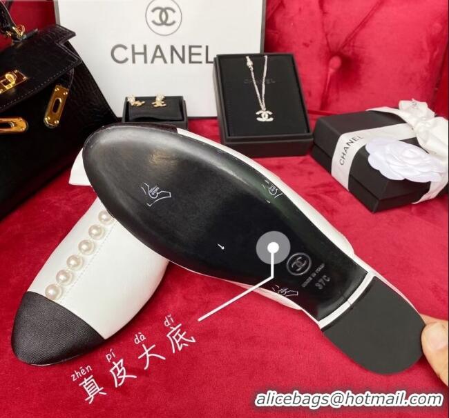 Lower Price Chanel Wax Calfskin Flat Mules with Pearl and Bow White 331100