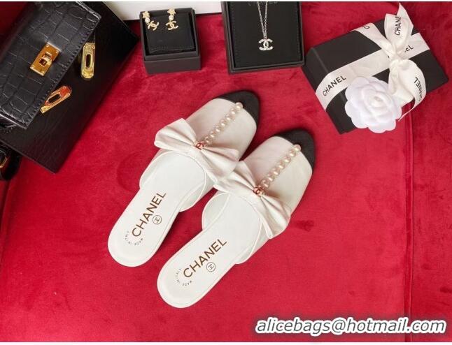 Lower Price Chanel Wax Calfskin Flat Mules with Pearl and Bow White 331100