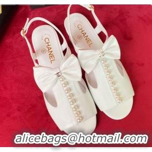 Good Product Chanel Wax Calfskin Flat Sandals with Pearl and Bow White 331102