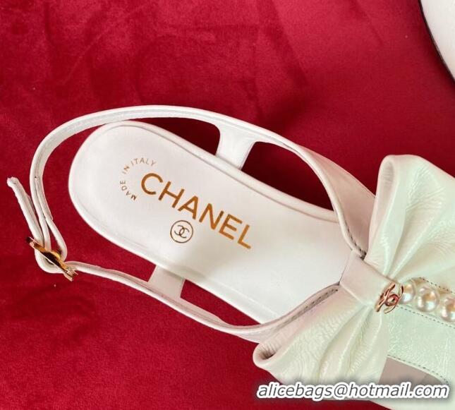 Good Product Chanel Wax Calfskin Flat Sandals with Pearl and Bow White 331102