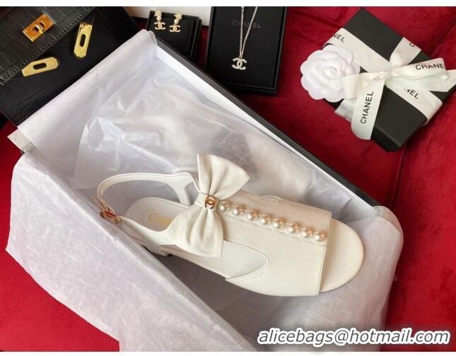 Good Product Chanel Wax Calfskin Flat Sandals with Pearl and Bow White 331102