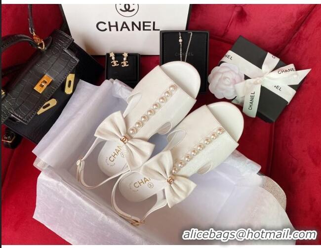 Good Product Chanel Wax Calfskin Flat Sandals with Pearl and Bow White 331102