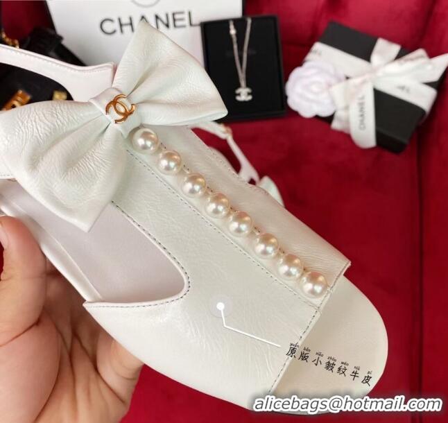 Good Product Chanel Wax Calfskin Flat Sandals with Pearl and Bow White 331102