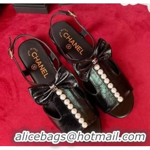 Cute Chanel Wax Calfskin Flat Sandals with Pearl and Bow 0331103 Black 2021