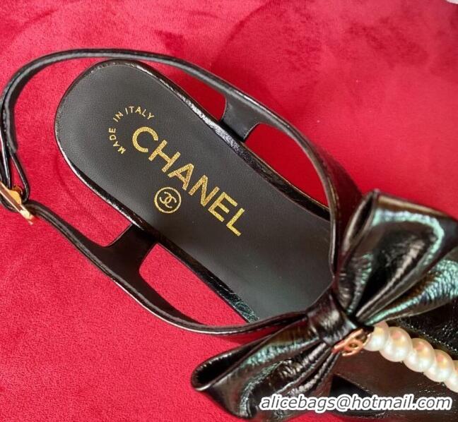 Cute Chanel Wax Calfskin Flat Sandals with Pearl and Bow 0331103 Black 2021