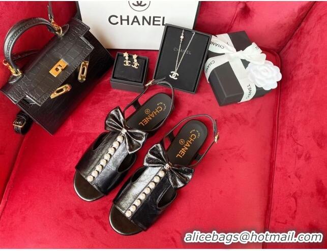 Cute Chanel Wax Calfskin Flat Sandals with Pearl and Bow 0331103 Black 2021