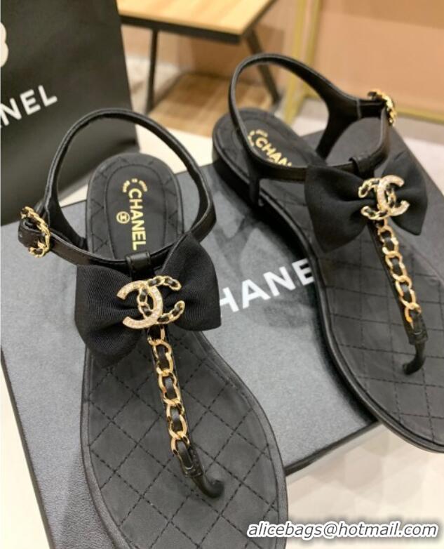 Custom Chanel Lambskin Flat Sandals With Bowknot 040282 Black 2021