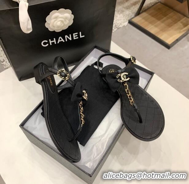 Custom Chanel Lambskin Flat Sandals With Bowknot 040282 Black 2021