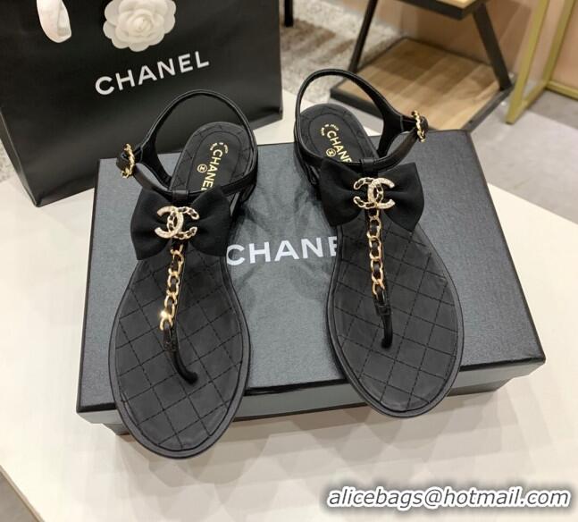 Custom Chanel Lambskin Flat Sandals With Bowknot 040282 Black 2021