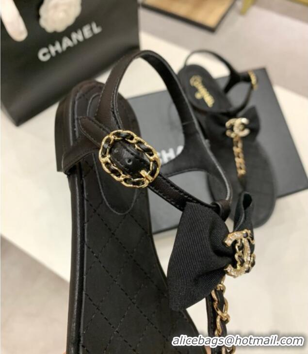 Custom Chanel Lambskin Flat Sandals With Bowknot 040282 Black 2021