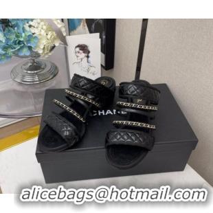 Unique Grade Chanel Chain Lambskin Heel Mule Sandals 040716 Black 2021