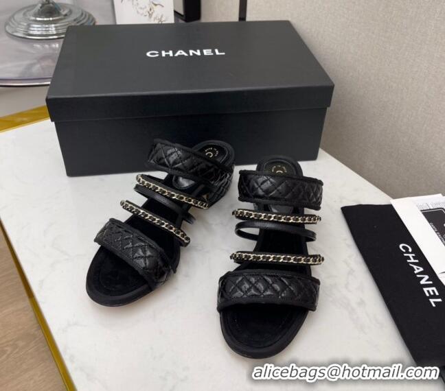 Unique Grade Chanel Chain Lambskin Heel Mule Sandals 040716 Black 2021