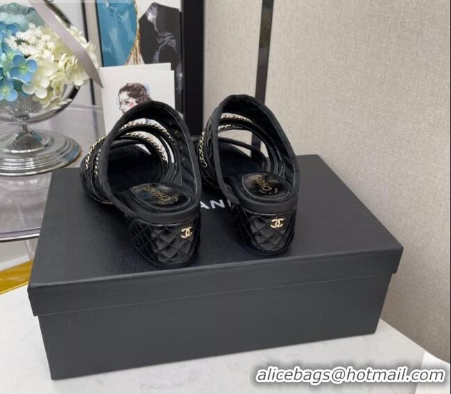 Unique Grade Chanel Chain Lambskin Heel Mule Sandals 040716 Black 2021