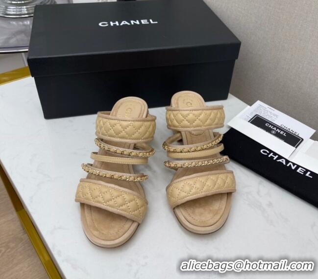 Best Luxury Chanel Chain Lambskin Heel Mule Sandals 040716 Beige 2021