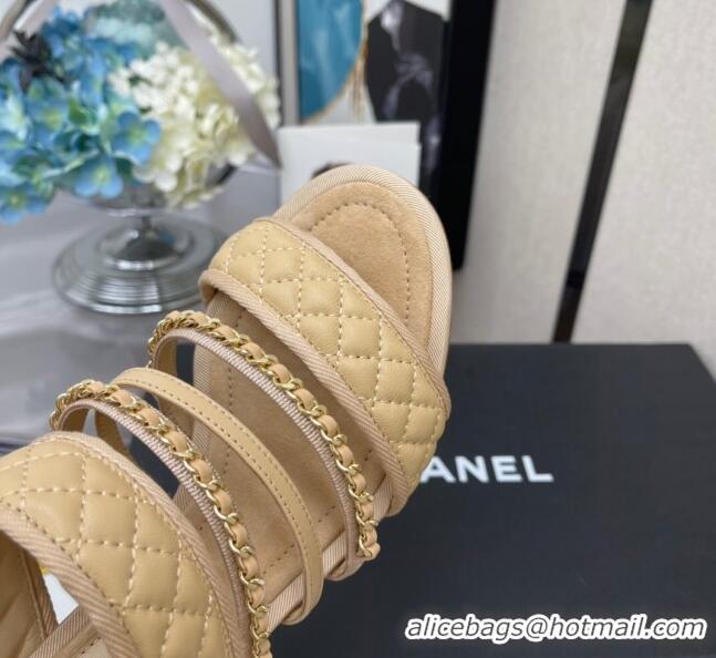 Best Luxury Chanel Chain Lambskin Heel Mule Sandals 040716 Beige 2021