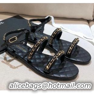 Good Product Chanel Leather Chain Flat Sandals G36934 Black 2021