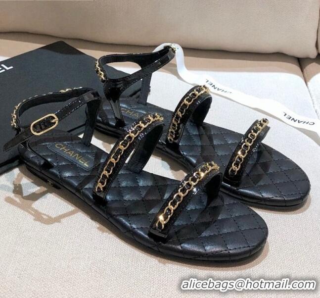 Good Product Chanel Leather Chain Flat Sandals G36934 Black 2021