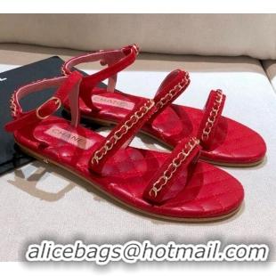 Top Quality Chanel Suede Chain Flat Sandals G36934 Red 2021