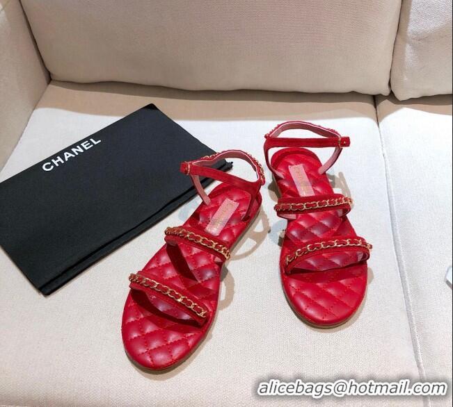 Top Quality Chanel Suede Chain Flat Sandals G36934 Red 2021