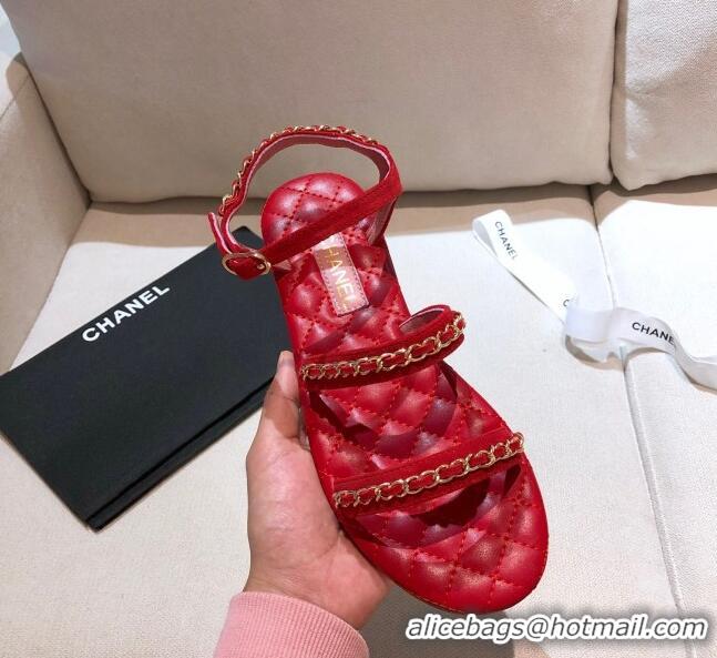 Top Quality Chanel Suede Chain Flat Sandals G36934 Red 2021