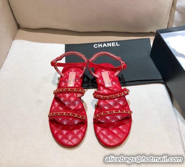 Top Quality Chanel Suede Chain Flat Sandals G36934 Red 2021