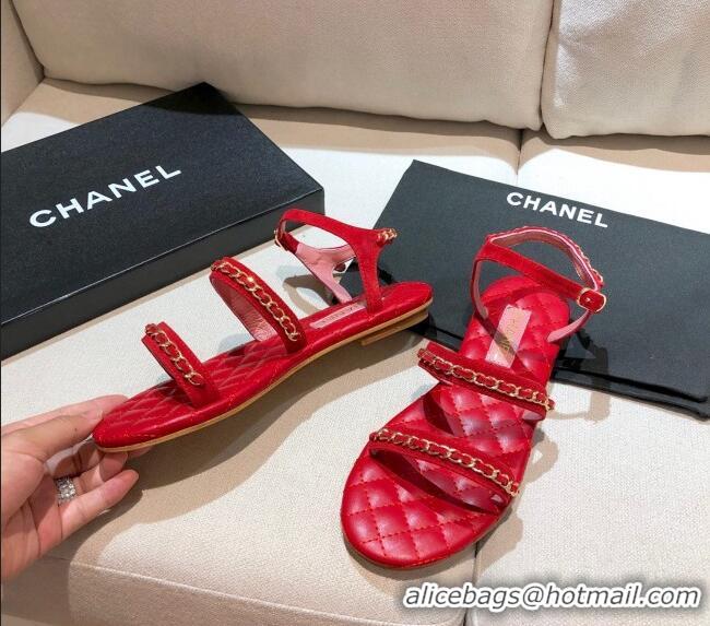 Top Quality Chanel Suede Chain Flat Sandals G36934 Red 2021