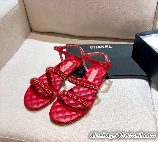 Top Quality Chanel Suede Chain Flat Sandals G36934 Red 2021