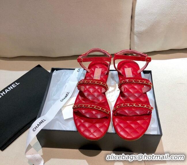 Top Quality Chanel Suede Chain Flat Sandals G36934 Red 2021