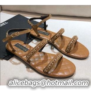 Grade Design Chanel Leather Chain Flat Sandals G36934 Brown 2021