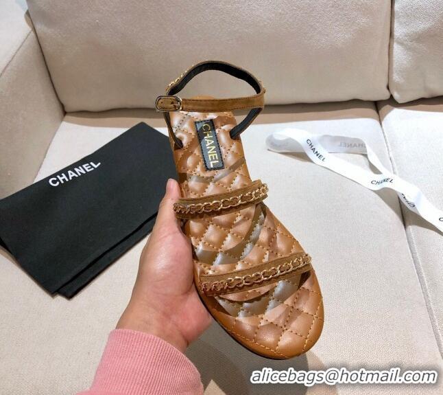 Grade Design Chanel Leather Chain Flat Sandals G36934 Brown 2021