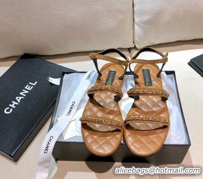 Grade Design Chanel Leather Chain Flat Sandals G36934 Brown 2021