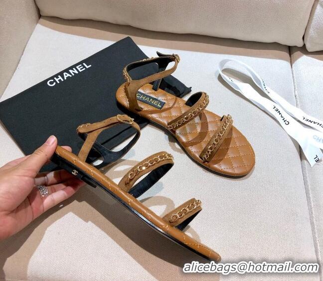 Grade Design Chanel Leather Chain Flat Sandals G36934 Brown 2021