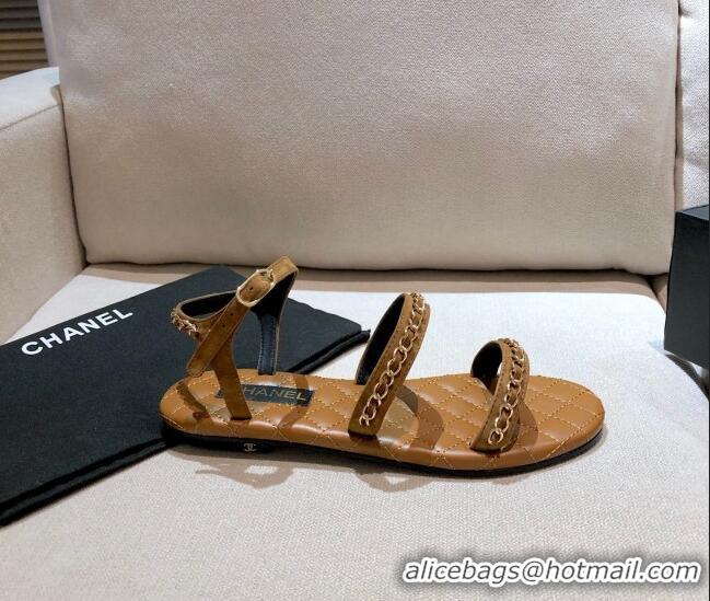 Grade Design Chanel Leather Chain Flat Sandals G36934 Brown 2021