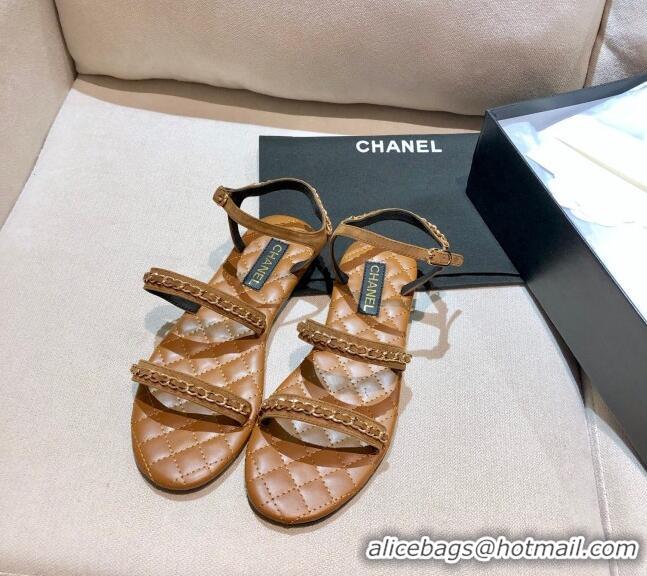 Grade Design Chanel Leather Chain Flat Sandals G36934 Brown 2021