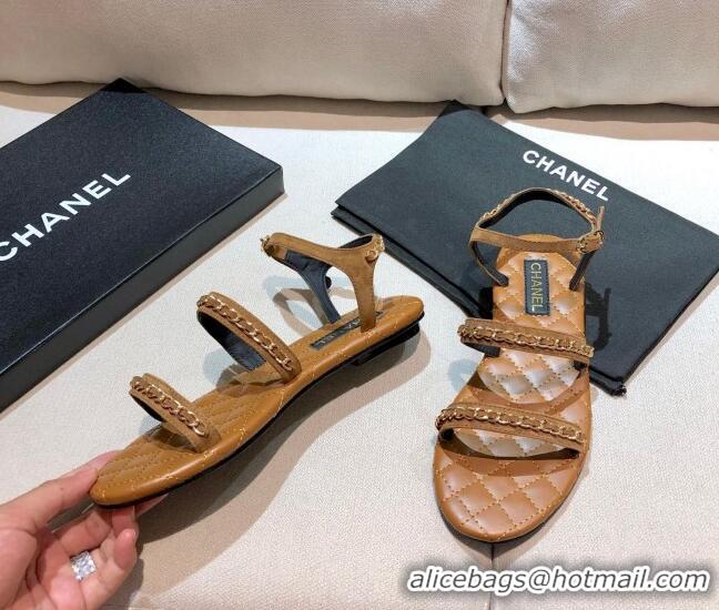 Grade Design Chanel Leather Chain Flat Sandals G36934 Brown 2021