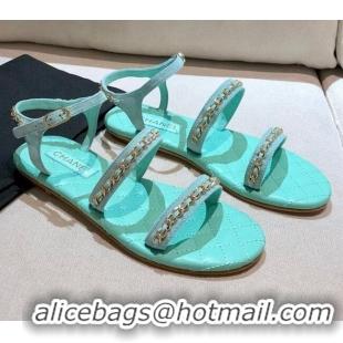 New Style Chanel Leather Chain Flat Sandals G36934 Blue 2021