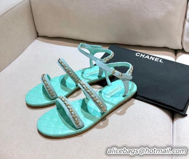 New Style Chanel Leather Chain Flat Sandals G36934 Blue 2021