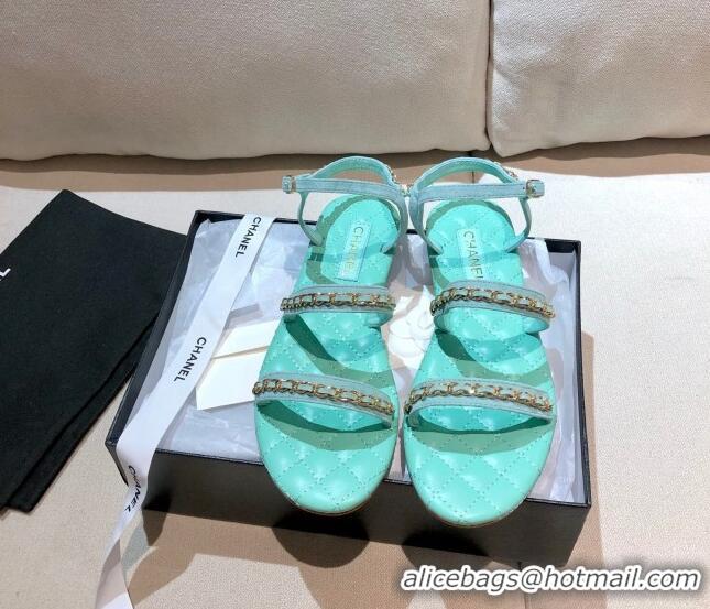 New Style Chanel Leather Chain Flat Sandals G36934 Blue 2021