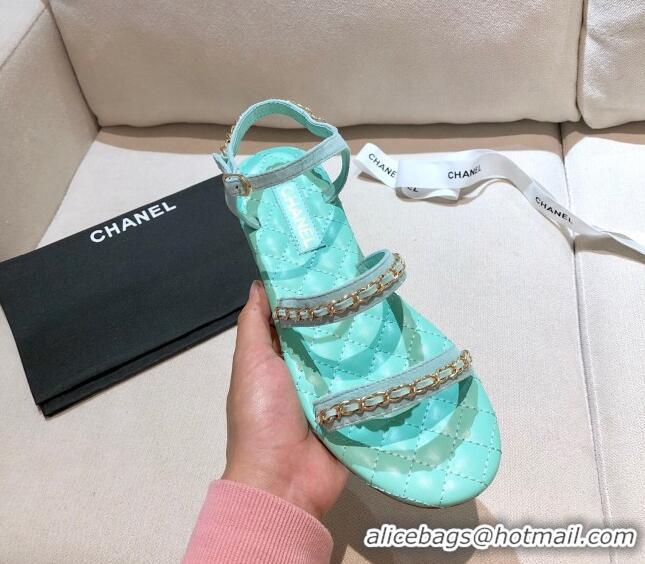 New Style Chanel Leather Chain Flat Sandals G36934 Blue 2021