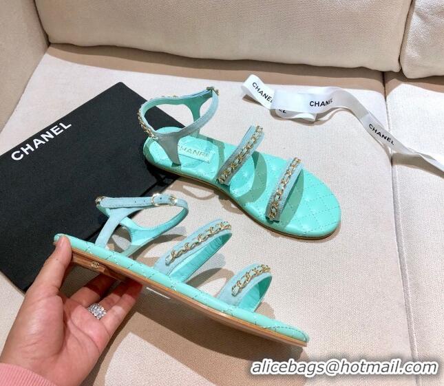 New Style Chanel Leather Chain Flat Sandals G36934 Blue 2021