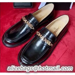 Most Popular Chanel Shiny Leather CAHNEL Charm Loafers 040765 Black 2021