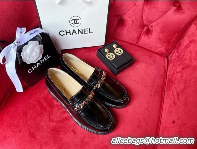 Most Popular Chanel Shiny Leather CAHNEL Charm Loafers 040765 Black 2021