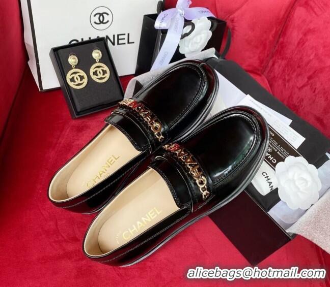 Most Popular Chanel Shiny Leather CAHNEL Charm Loafers 040765 Black 2021