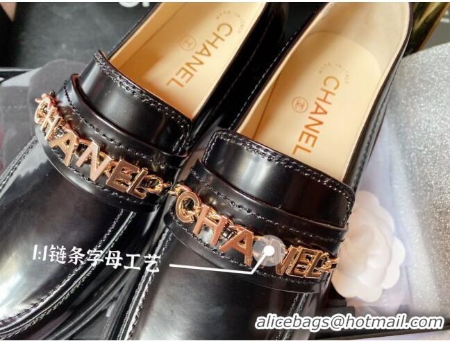 Most Popular Chanel Shiny Leather CAHNEL Charm Loafers 040765 Black 2021