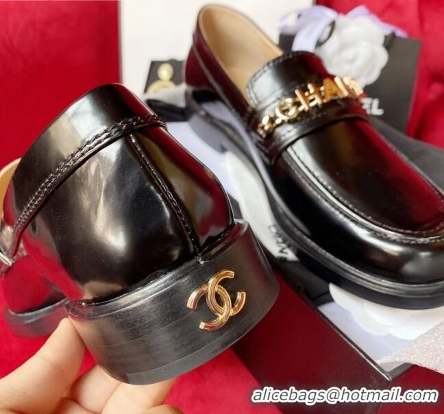 Most Popular Chanel Shiny Leather CAHNEL Charm Loafers 040765 Black 2021