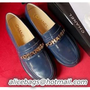 Top Quality Chanel Shiny Leather CAHNEL Charm Loafers 040765 Blue 2021