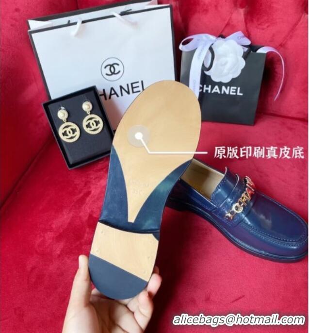 Top Quality Chanel Shiny Leather CAHNEL Charm Loafers 040765 Blue 2021