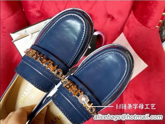 Top Quality Chanel Shiny Leather CAHNEL Charm Loafers 040765 Blue 2021